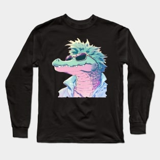 Cool alligator wearing sunglasses pastel watercolor Long Sleeve T-Shirt